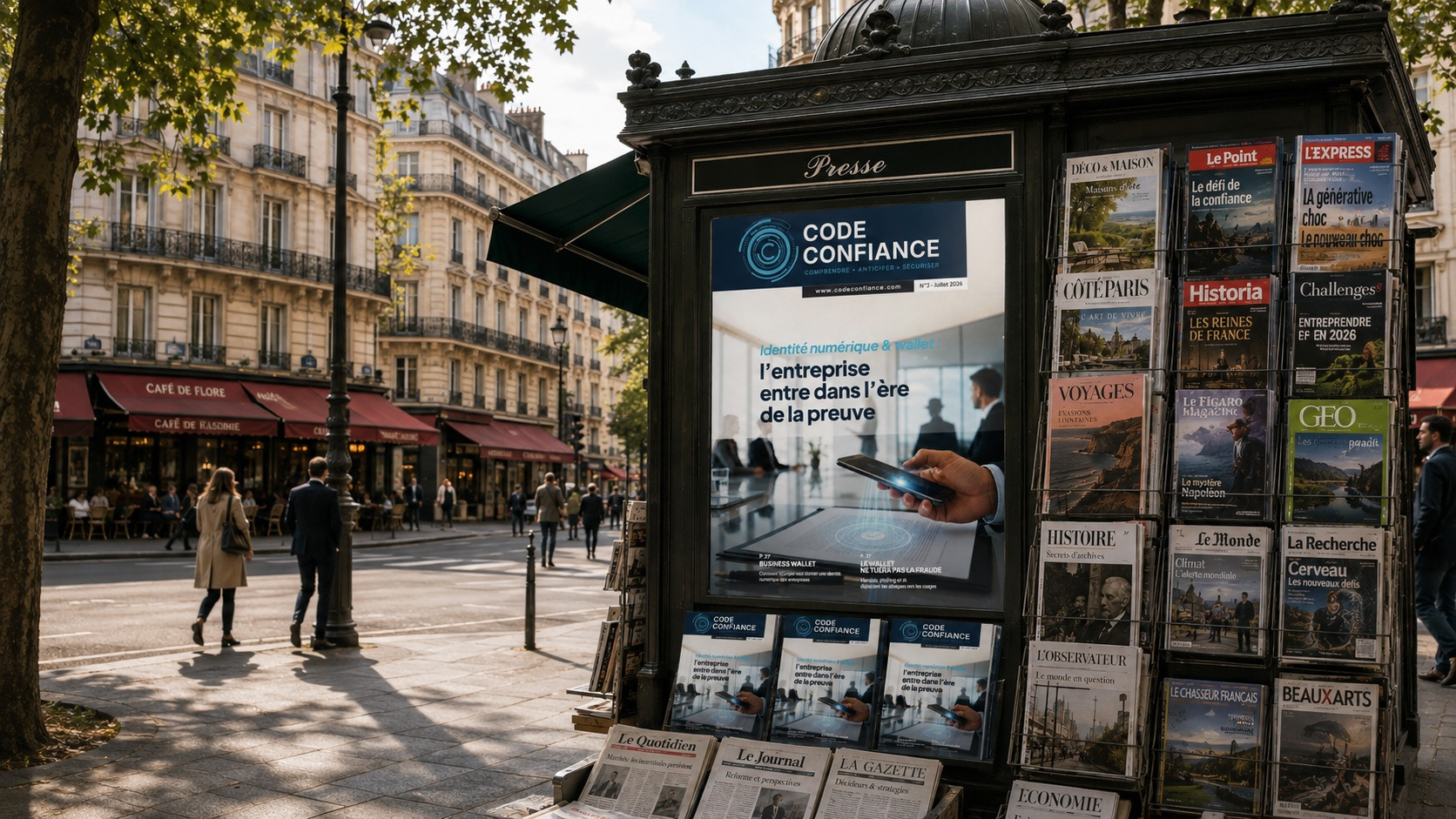Le 3e numéro de votre magazine gratuit Code Confiance, dédié à l'identité numérique, vient d'arriver ! (DR) photographie-generee-par-ia-kiosque-journaux-publicite-magazine-code-confiance