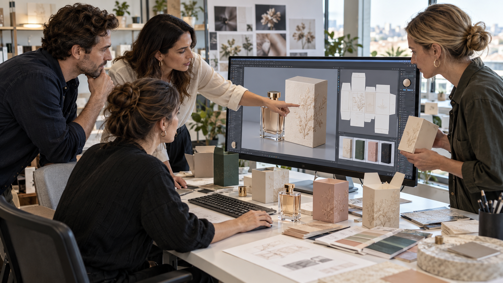 Du prototype au rendu 3D, l’équipe affine le packaging d’un parfum en confrontant formes, matières et couleurs à l’écran. Equipe créative