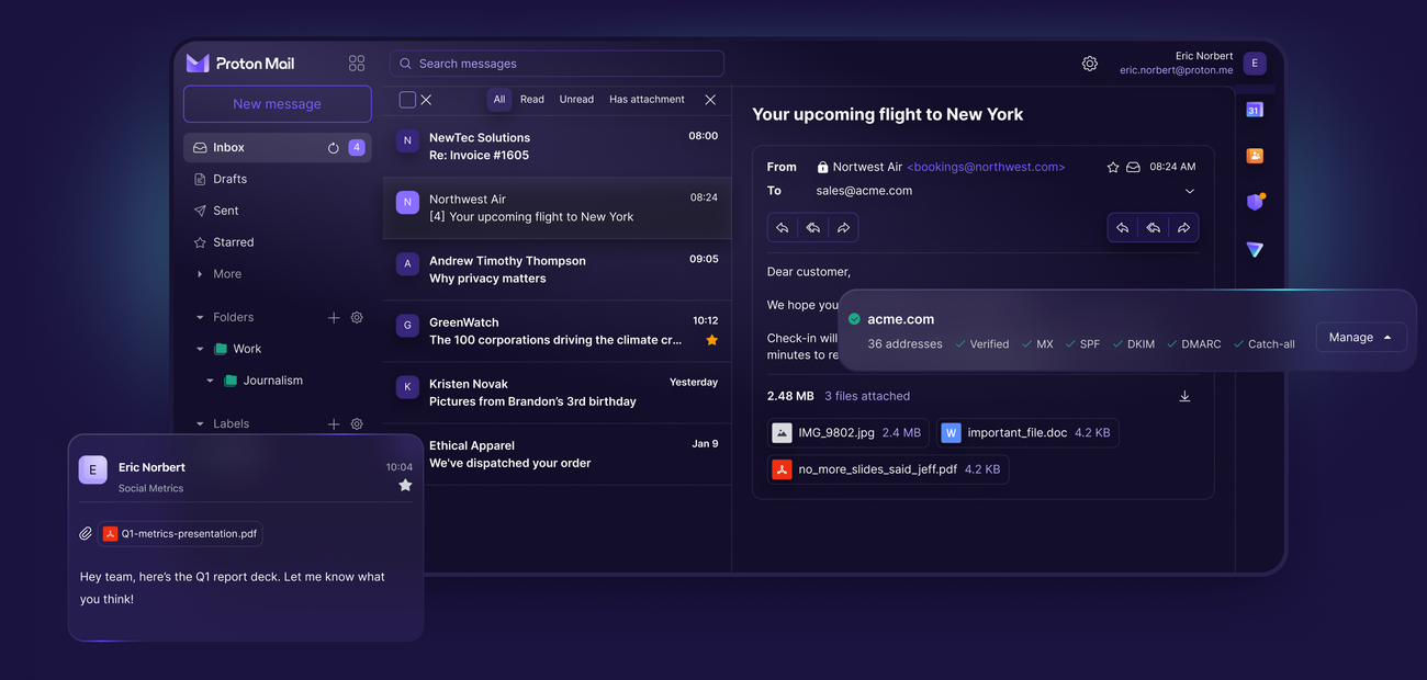 Bien plus qu'un e-mail : une suite intégrée incluant calendrier chiffré, gestionnaire de mots de passe et stockage cloud sécurisé. (Proton Mail For Business) capture-ecran-proton-mail-interface-utilisateur