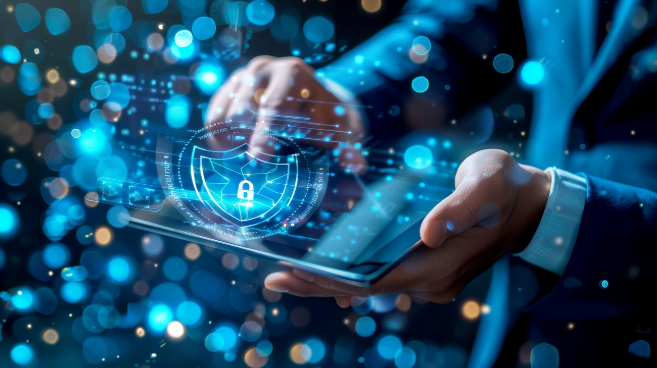 photographie-main-tenant-tablette-avec-hologramme-representant-bouclier-securite