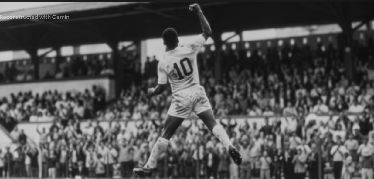 Pelé après avoir inscrit le plus beau but de sa carrière (Google Creative Lead) plus-beau-but-tous-temps-Pele-reconstitue-grace-IA-archives