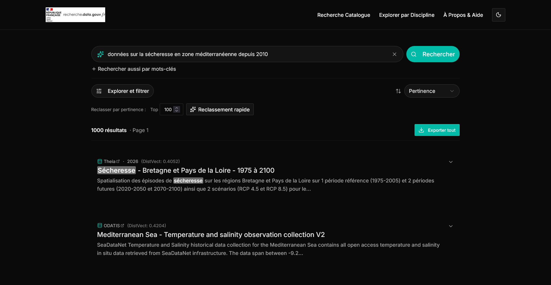 Interface de consultation du catalogue Recherche Data Gouv (Ministère de l’Enseignement supérieur et de la Recherche) assistant-IA-catalogue-Recherche-Data-Gouv