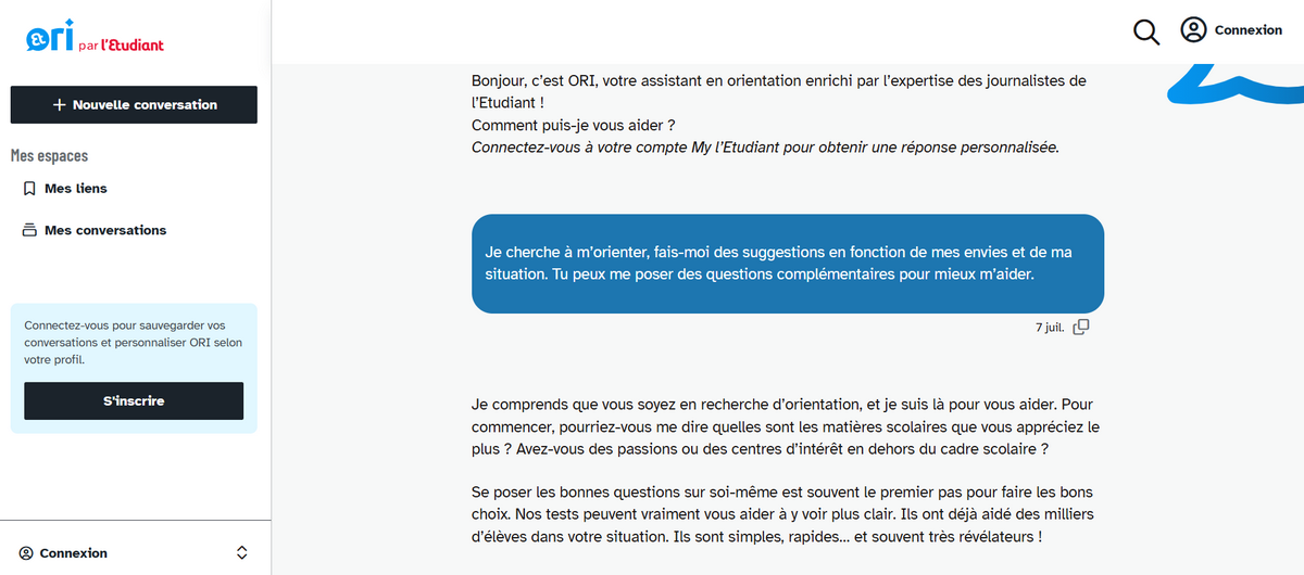 Avec Ori, l’Étudiant propose un compagnon conversationnel fondé sur ses contenus éditoriaux pour accompagner les utilisateurs dans leurs choix d’orientation. (L'Étudiant) ori-compagnon-ia-orientation-etudiant