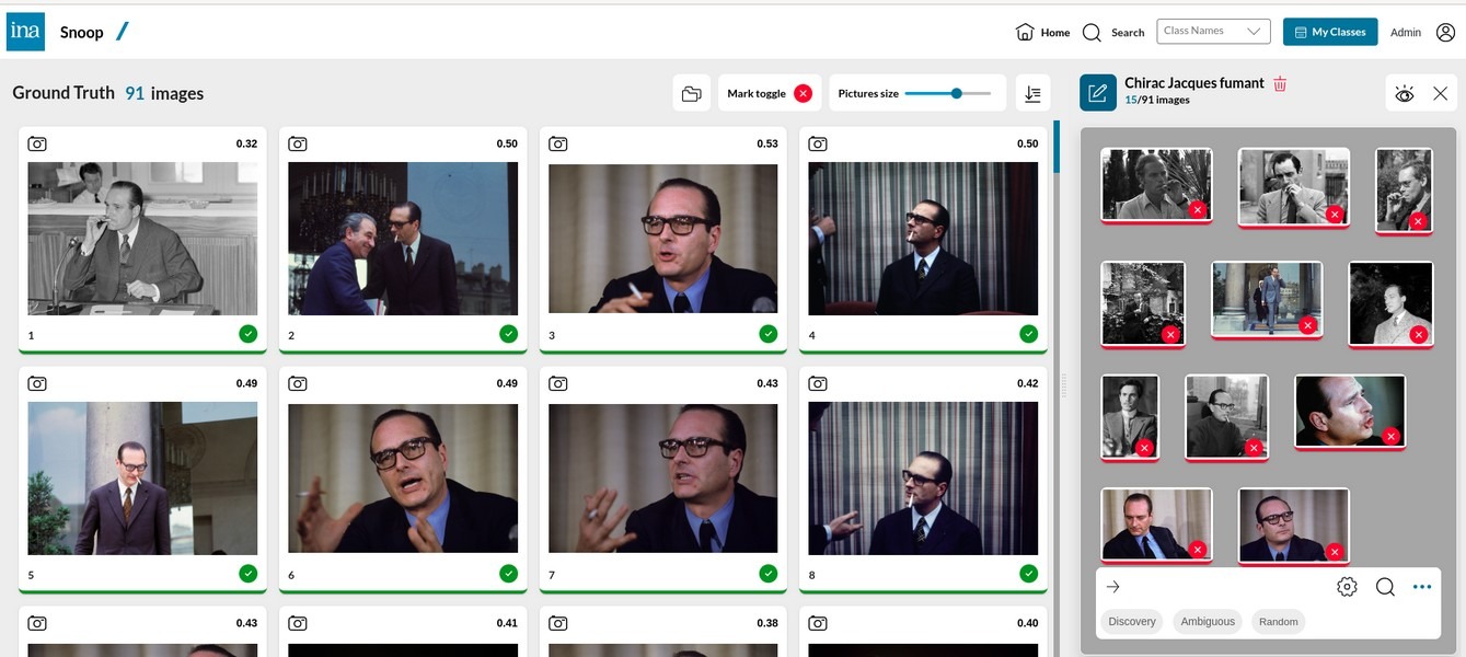 Exemple d'une recherche dans les archives audiovisuelles grâce à l'outil Snoop : Jacques Chirac avec une cigarette (Ina) snoop-projet-intelligence-artificielle-ina-inria-archives-audiovisuelles