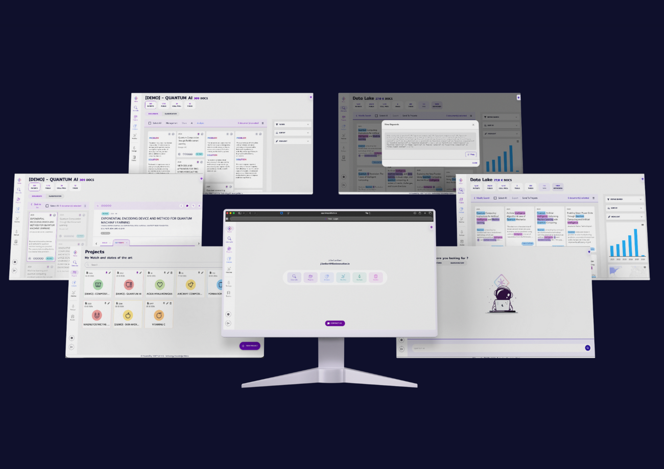 Grâce à son IA de précision, TKM identifie et remonte automatiquement les informations pertinentes pour ses utilisateurs. (TKM) visuel-ecrans-ordinateur-affichant-solution-veille-tkm
