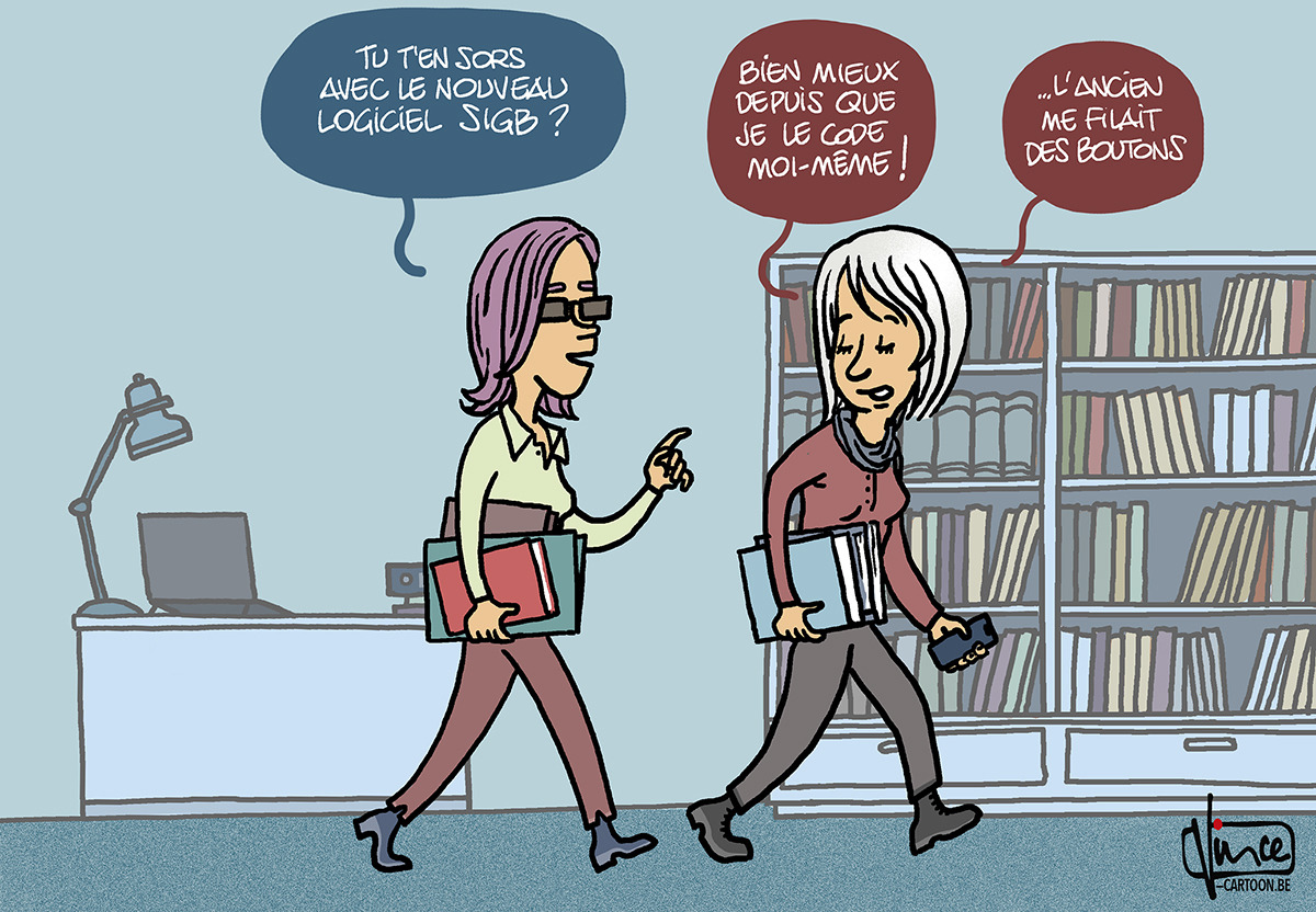 Serait-il raisonnable de coder soi-même son SIGB ? Pour Cédric Limousin, la question mérite qu’on se la pose. (Dessin - Vince) sigb-intelligence-artificielle-coder-soi-meme
