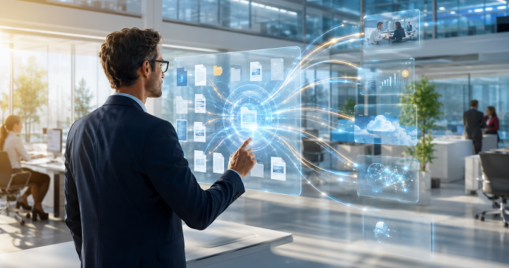 L’interopérabilité transforme la GED/ECM en véritable carrefour des applications et des flux d’information de l’entreprise. Un homme utilisant un HUB vers ses apps métier