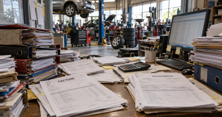 L’enjeu n’est donc pas d’installer un système de gestion conçu pour une grande entreprise. Il est de trouver un outil proportionné à son activité. Garage avec des factures sur un bureau