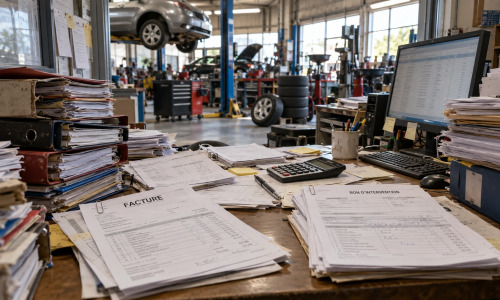 Garage avec des factures sur un bureau