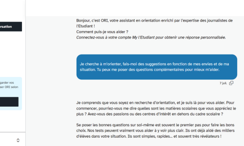 Avec Ori, l’Étudiant propose un compagnon conversationnel fondé sur ses contenus éditoriaux pour accompagner les utilisateurs dans leurs choix d’orientation. (L'Étudiant) ori-compagnon-ia-orientation-etudiant